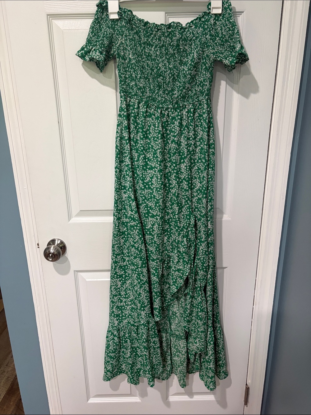 Green Floral Smocked Off-Shoulder Maxi Dress